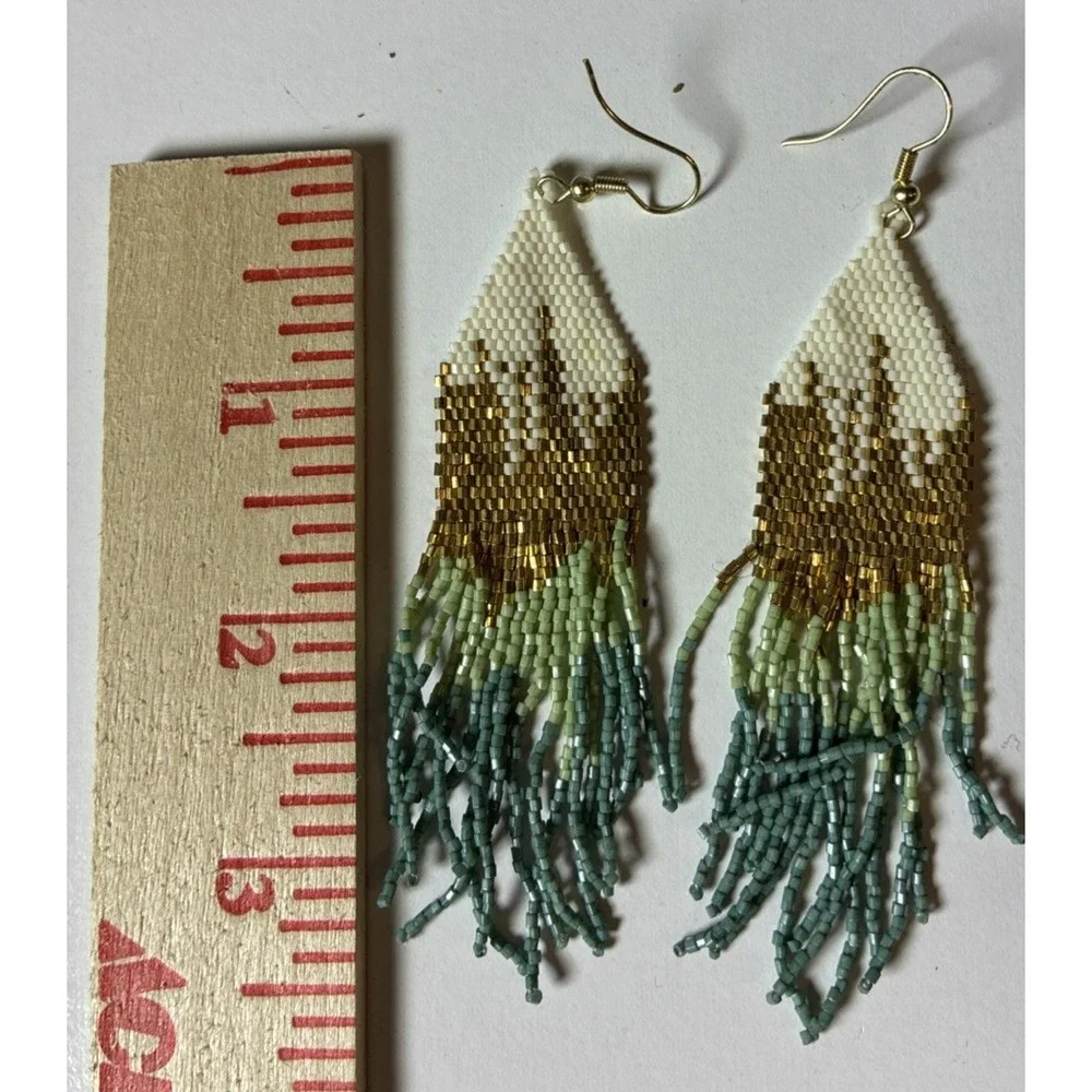 Boho Native Style Landscape Sun Seed Bead Beaded Earrings Fringe Tassel Long RC7